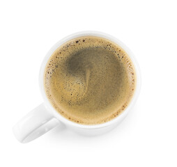 Tasty coffee in cup isolated on white, top view