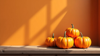 cluster vibrant orange pumpkins sits atop weathered wooden bench warm autumnal background soft natural light casting long