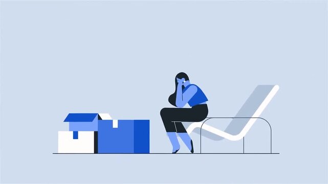 women thinking Unpacking Boxes Minimalist Flat Design