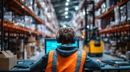 Fototapeta premium Warehouse worker in high visibility vest using computer amidst tall shelves and forklift