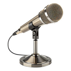 Metallic microphone with mesh grille on stand isolated on a transparent background image