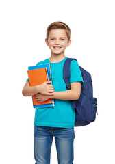 Obraz premium Happy young student boy with a backpack and notebooks ready for school, smiling at the camera. Isolated on a Transparent Background PNG.