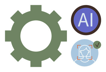 Green gear, AI badge in blue circle, and facial recognition with human outline and verification checkmark. Ideal for tech, innovation, AI, automation, identity system and futuristic themes. A