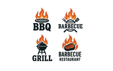 Grill bbq logo. Grilled food and barbecue restaurant emblem, badge set. Vector illustration and fire