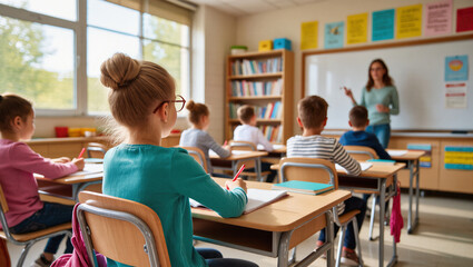 Fototapeta premium Young students sit attentively at their desks in a brightly lit classroom while a teacher explains a lesson at the whiteboard. Back to school concept
