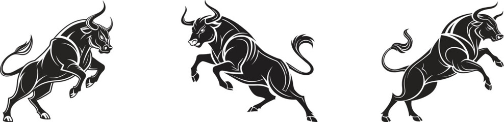 Fototapeta premium Three black bull silhouettes jumping and charging isolated on white background in vector format