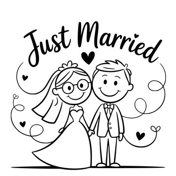 Just Married:  A charming hand-drawn illustration captures a joyful couple at their wedding celebration. With the words 'Just Married' elegantly displayed above.