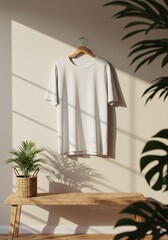 Minimalist flat lay of a plain white tee shirt for custom design presentation