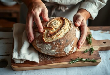 A baker's hands scoring a loaf of sourdough bread