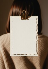 Minimalist stationery mockup with a blank card held by a woman in warm sunlight.