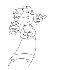 Cute cartoon girl with tarot cards in her hands, pencil sketch, minimalism, isolate on white