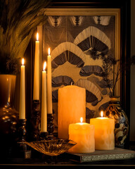 Art Deco style: candlelight still life with soft amber glow, art deco interior hints, ivory warmth and calm