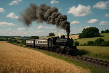 Steam Train Journey Through the Fields: A vintage steam train, puffing clouds of dark smoke, traverses the picturesque countryside.
