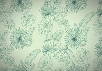 Tropical Monstera and Palm Leaves Seamless Line Art Pattern