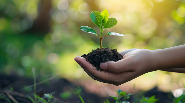 Environment Earth Day In the hands of trees growing seedlings. Bokeh green Background Female hand holding tree on nature field grass Forest conservation concept
