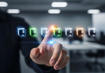 Modern businessman hand selecting digital files; futuristic interface, glowing icons, professional corporate mood.