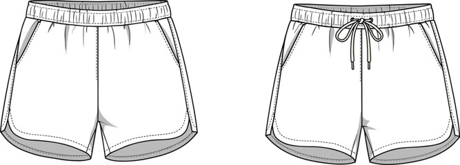 Women’s running shorts technical flat sketch – curved hem, elastic waistband, drawstring, athletic sportswear vector illustration