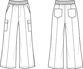 Women’s wide-leg cargo pants technical flat – front and back fashion sketch with elastic waistband, patch pockets and loose fit