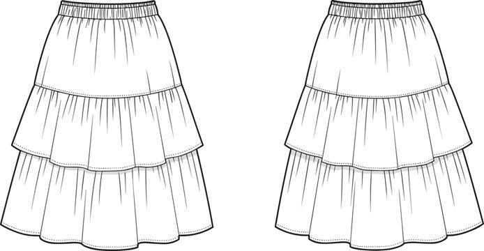 Tiered ruffle mini skirt fashion flat – elastic waistband, gathered layers, flared silhouette, front and back vector sketch