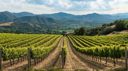 Fototapeta premium Lush vineyard rows stretch across a hillside landscape.