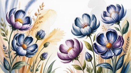 Floral Watercolor in Bloom: A vibrant watercolor painting showcases an array of stunning blue, purple and yellow flower illustrations, petals delicately unfurling against an elegant, soft background.