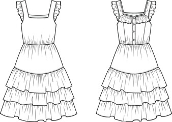 Sleeveless tiered ruffle dress flat sketch, button front frill strap fashion CAD drawing vector for kidswear or womenswear