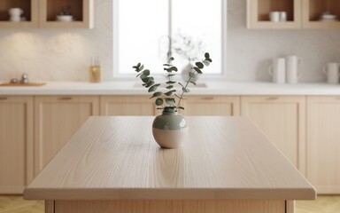 Modern Kitchen Interior: A modern kitchen with warm wood tones and natural light, featuring a sleek wooden table. An elegant vase with fresh plants rests in the center.