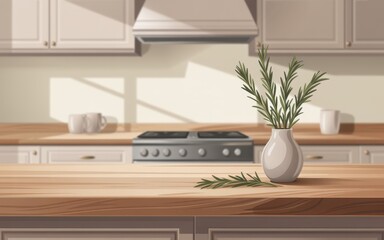 Kitchen with Rosemary: An inviting kitchen space, with wooden counters and cabinets, featuring a vase with a sprig of fresh rosemary on the countertop, enhanced by the soft natural light.