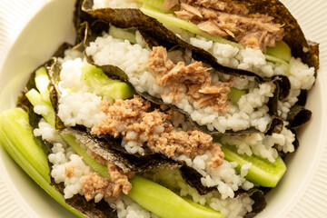 Homemade sushi taco recipe with tuna in close-up