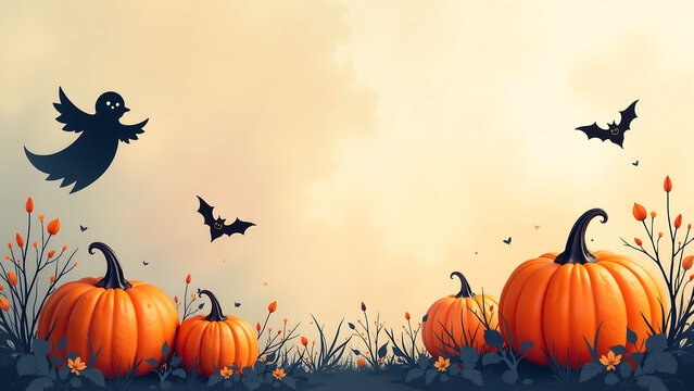 soft dreamy watercolor background features warm orange hues swirling black silhouettes pumpkins ghosts bats subtle