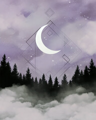 Art Deco style: dreamy nightscape with crescent moon and foggy lavender sky, geometric stars in muted deco balance