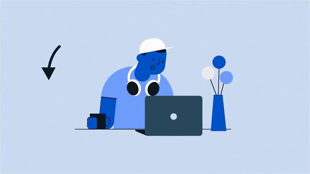Flat Design Animation of Man Working on Laptop with Headphones