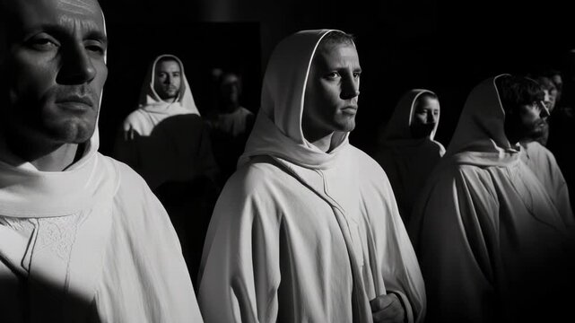 A group of people wearing white robes and hoods. One of the people is holding a book