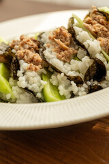 Homemade sushi taco recipe with tuna in close-up
