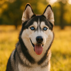 Obraz premium Smiling Siberian Husky: A close-up shot captures the expressive face of a Siberian Husky with striking blue eyes, embodying the playful charm and spirited nature of the breed.