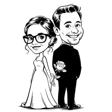 Wedding Caricature: A charming black and white caricature of a bride and groom, holding hands, the groom hiding a rose for his bride, in anticipation of the wedding day, showcasing love and union.