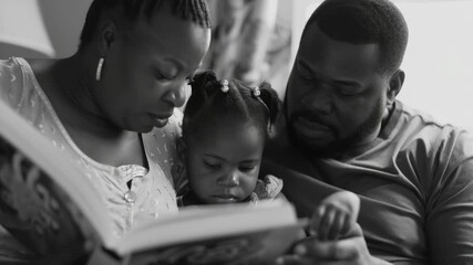 A joyful moment of a family reading together from a book, creating a warm and nurturing atmosphere. - Powered by Adobe
