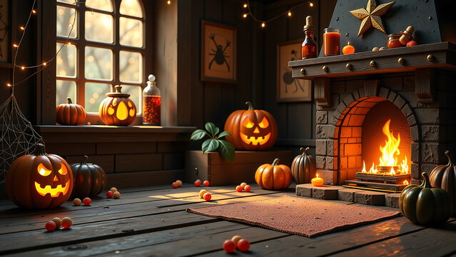 warm witch den filled cobwebs sparkling candy mystical artifacts like magical sphere potion