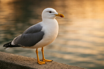 Fototapeta premium Seagull by the Water: A serene seagull, its plumage pristine, perched on a concrete surface, looking at the calm water bathed in the warm glow of the setting sun. A moment of pure tranquility.