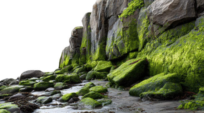 Rocky shoreline with vibrant green moss