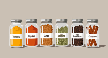 Colorful spice assortment beautifully arranged in glass jars, offering a vibrant and flavorful cooking concept