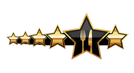 Fototapeta premium Five golden stars with a fork and knife depicting restaurant quality, service, and reviews.