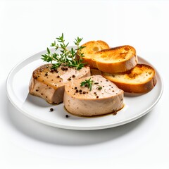 Gourmet appetizer featuring sliced pate with toasted bread and herbs on white background