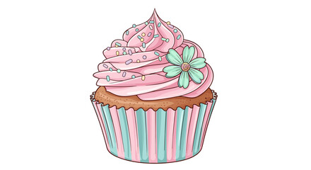 Whimsical pink cupcake with blue flower decoration, a delightful treat illustration perfect for sweet themed designs.