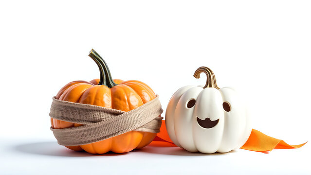 white ghost pumpkin perched beside majestic orange striped wrapping wrapped tattered bandages brown linen bright empty