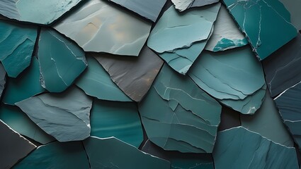 Close up textured background of overlapping teal and grey slate roof tiles