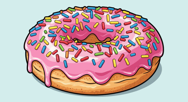 Delightful cartoon donut with pink frosting and colorful sprinkles against a soft pastel background.