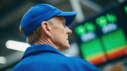 International tariff policy, International trade tariff policy impacts global markets as mature man blue cap contemplates financial data screen