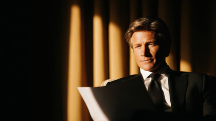 International tariff policy, Confident businessman suit reviewing document with focused expression warm light showing international tariff policy