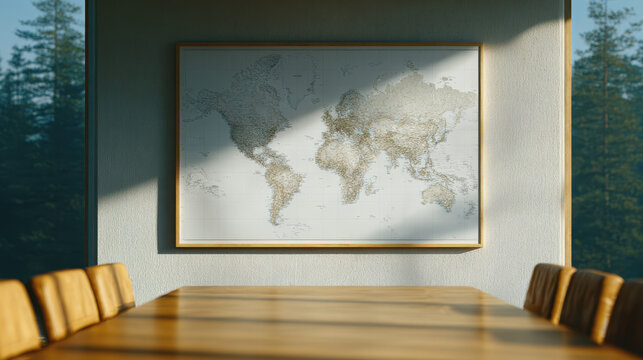 International tariff policy, World map framed on wall in meeting room with wooden table and chairs showing international tariff policy concept - Powered by Adobe